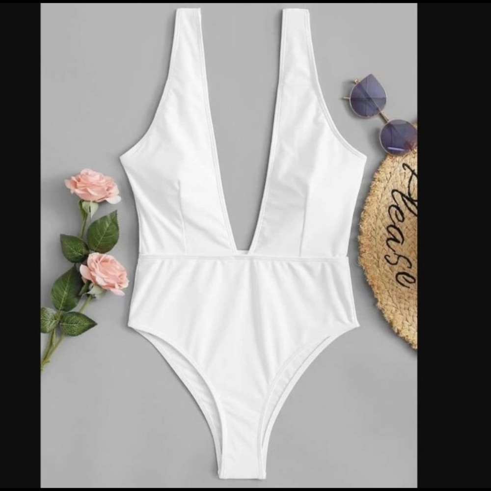 White Plunge V Neck One Piece Swimsuit